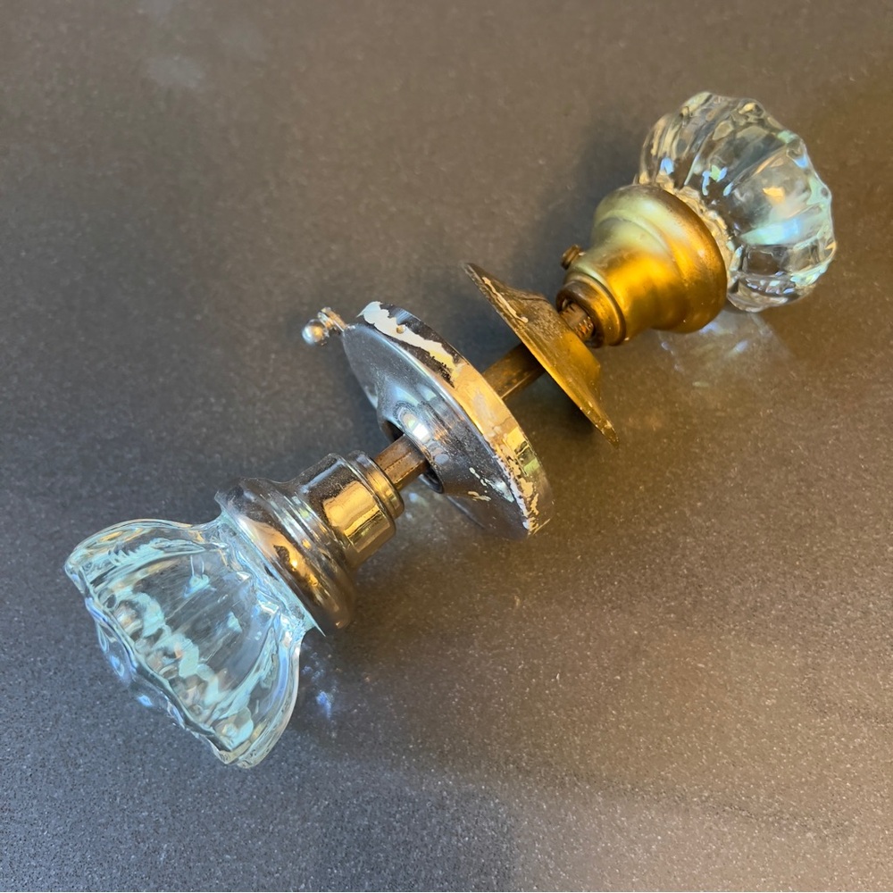 Antique Crystal Glass and Brass 12 Point Victorian Locking Bathroom Door Knob 2
